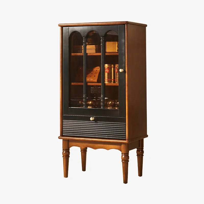 French retro solid wood wine cabinet, three-layer storage display cabinet in home dining room, cabinet next to American