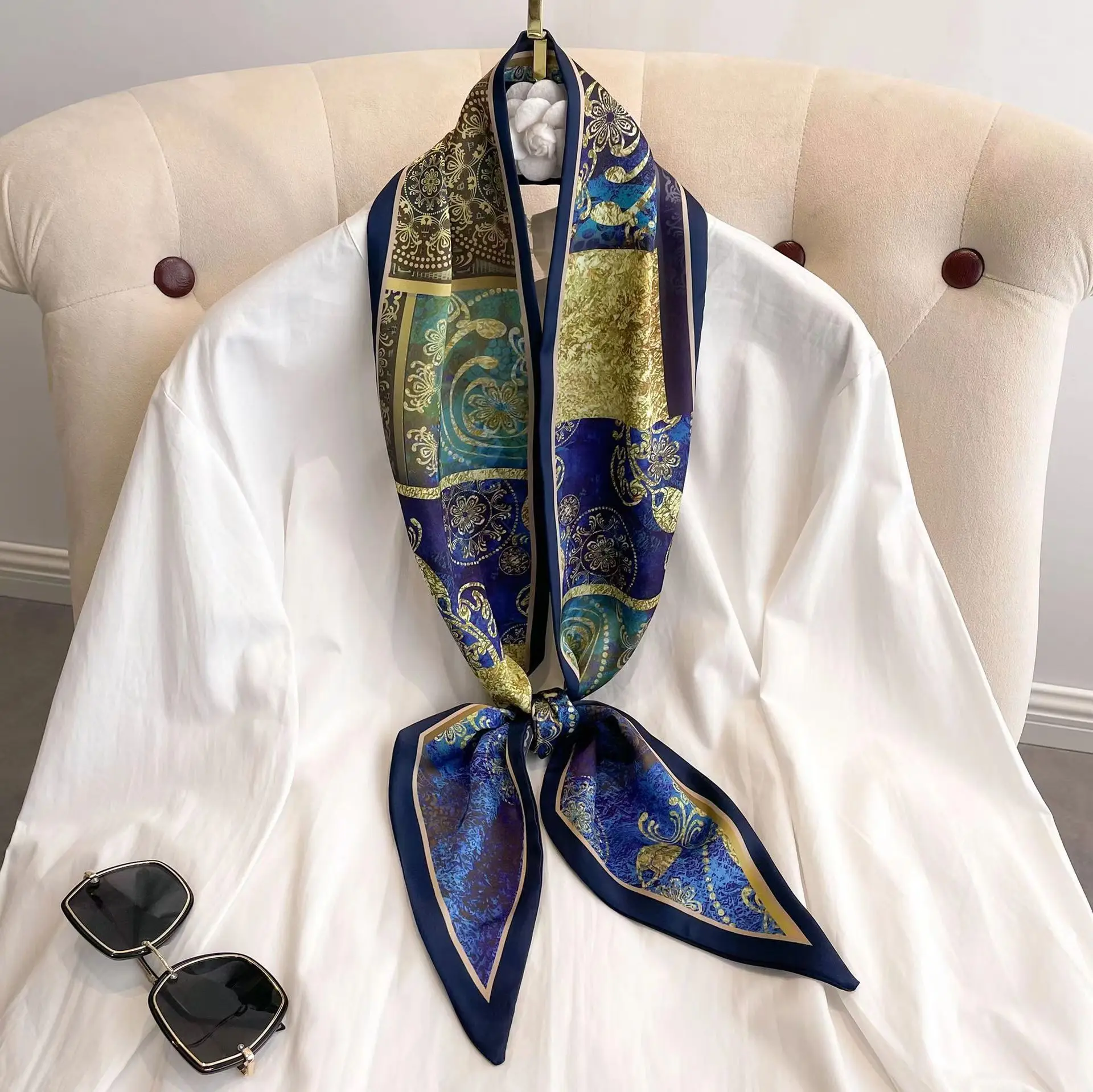 Luxuriöser Seidenschal mit Gürteldruck für Damen, weicher Halstuch, eleganter Schal, Bandana, Paisley-Print, Hijab, Taschenband – Detail 10
