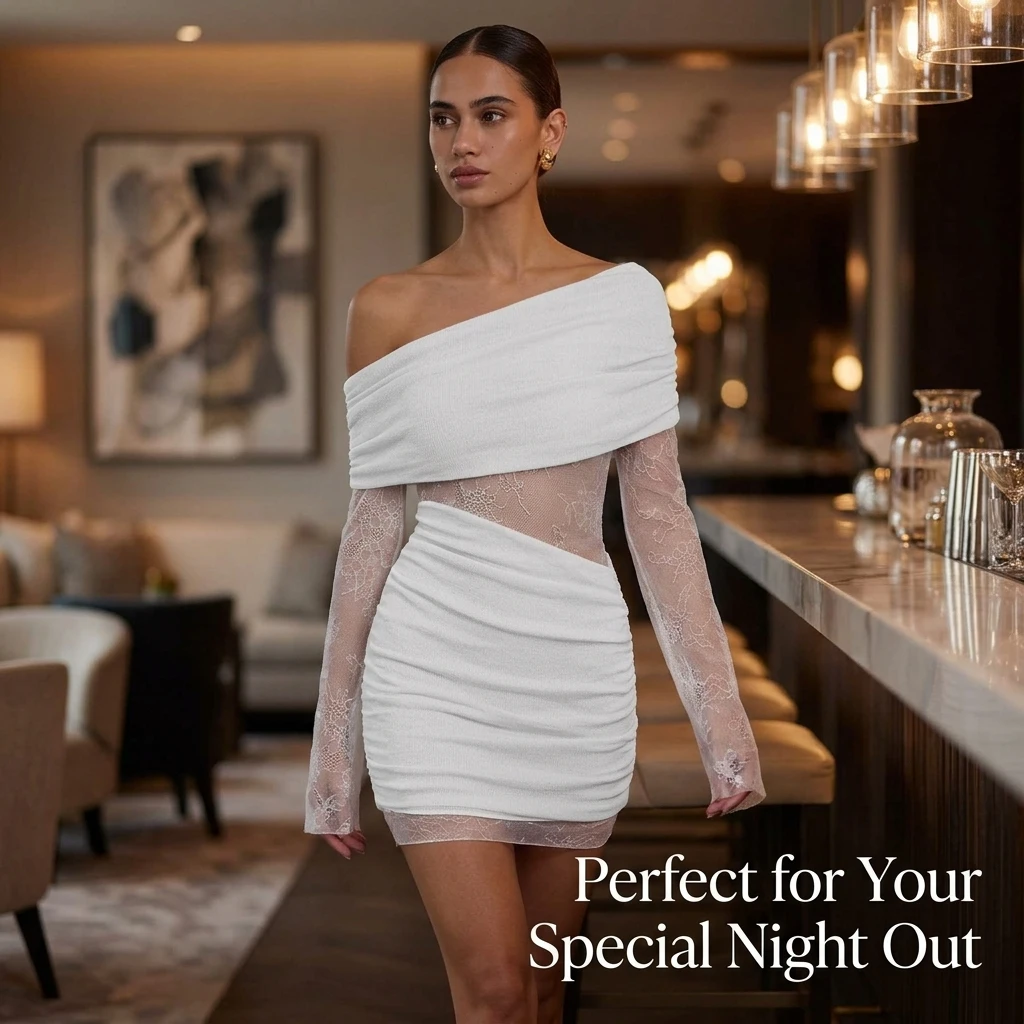 Bodycon Dress for Women Sexy One Shoulder Long Lace Sleeve Ruched Patchwork Mini Party Club Short Dress