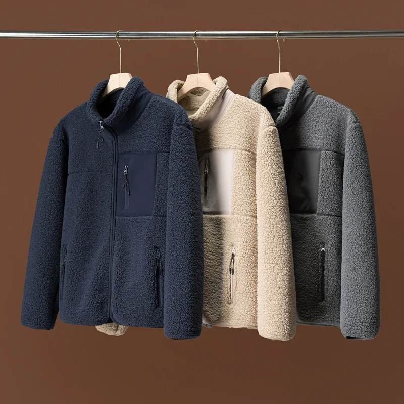 

Loose Fit Lamb Velvet Fce Jaet Stand Collar Windproof Men's Faion Urban Sle Long Sve Zipper Closure No Hat Jaet