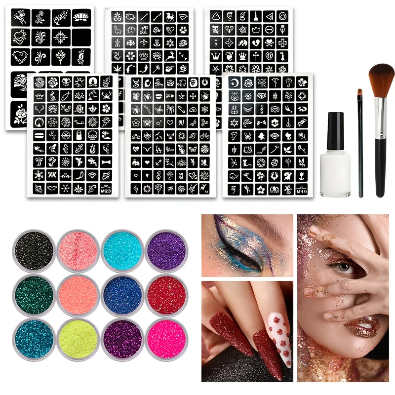 12-color Glitter Rainbow Set with Brush Temporary Stickers Face Body Sticky Multi-purpose Disposable Waterproof Halloween Party