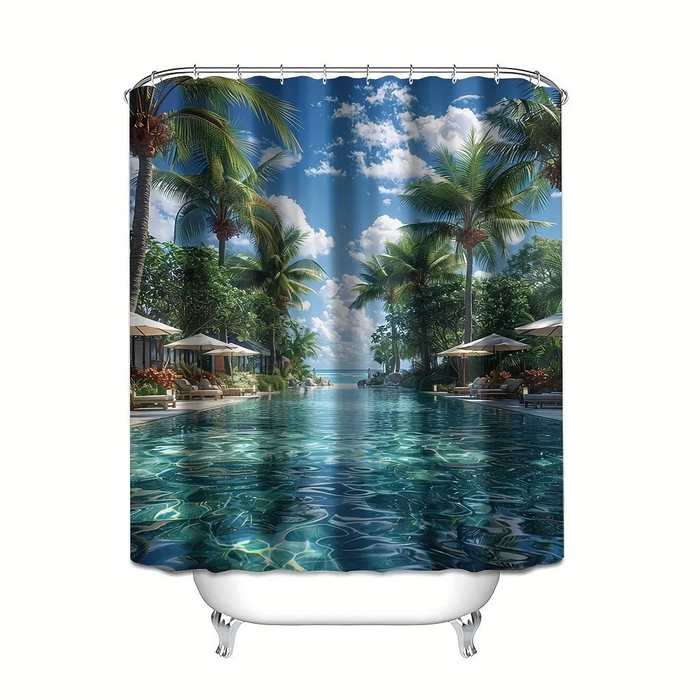 [Digital Printed Shower Curtain] 4pcs Digital Printed Polyester Waterproof Shower Curtain - Sea View and Coconut Trees Design -