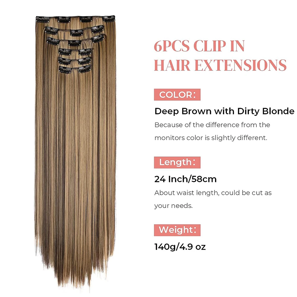 Extensiones de cabello negro sintético para mujer, 24 "/60cm, 140g, 6 unids/set, Clip de cabeza completa larga y recta, 16 Clips, fibra resistente al calor ombré