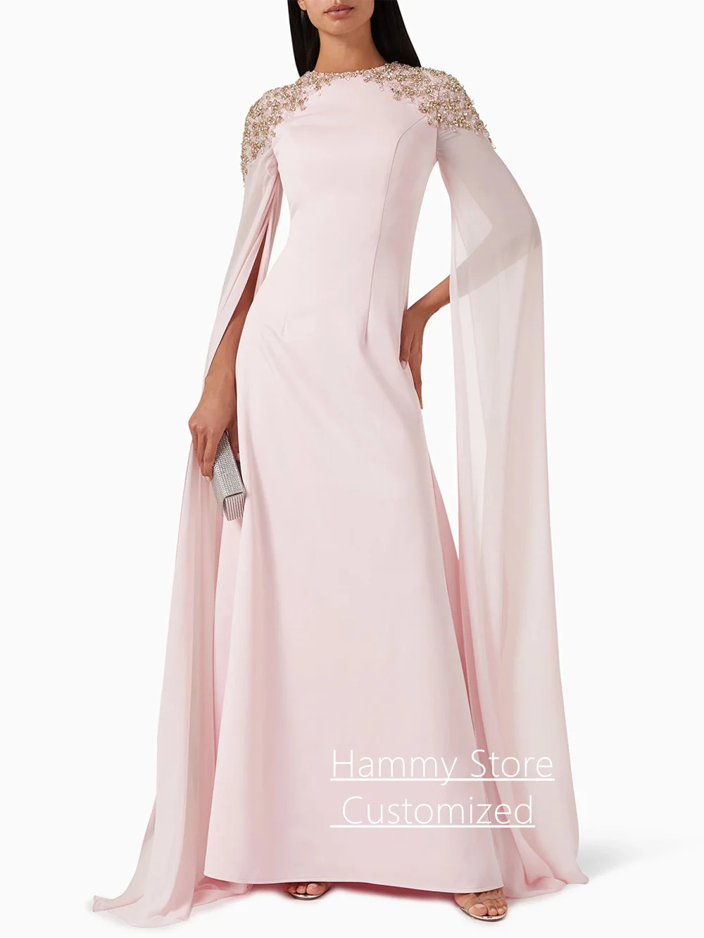 Pale Pink Evening Dress with Beading Crystal Customized Round Neck Long Sleeves Arabian Wedding Party Gown Prom Dresses image 3