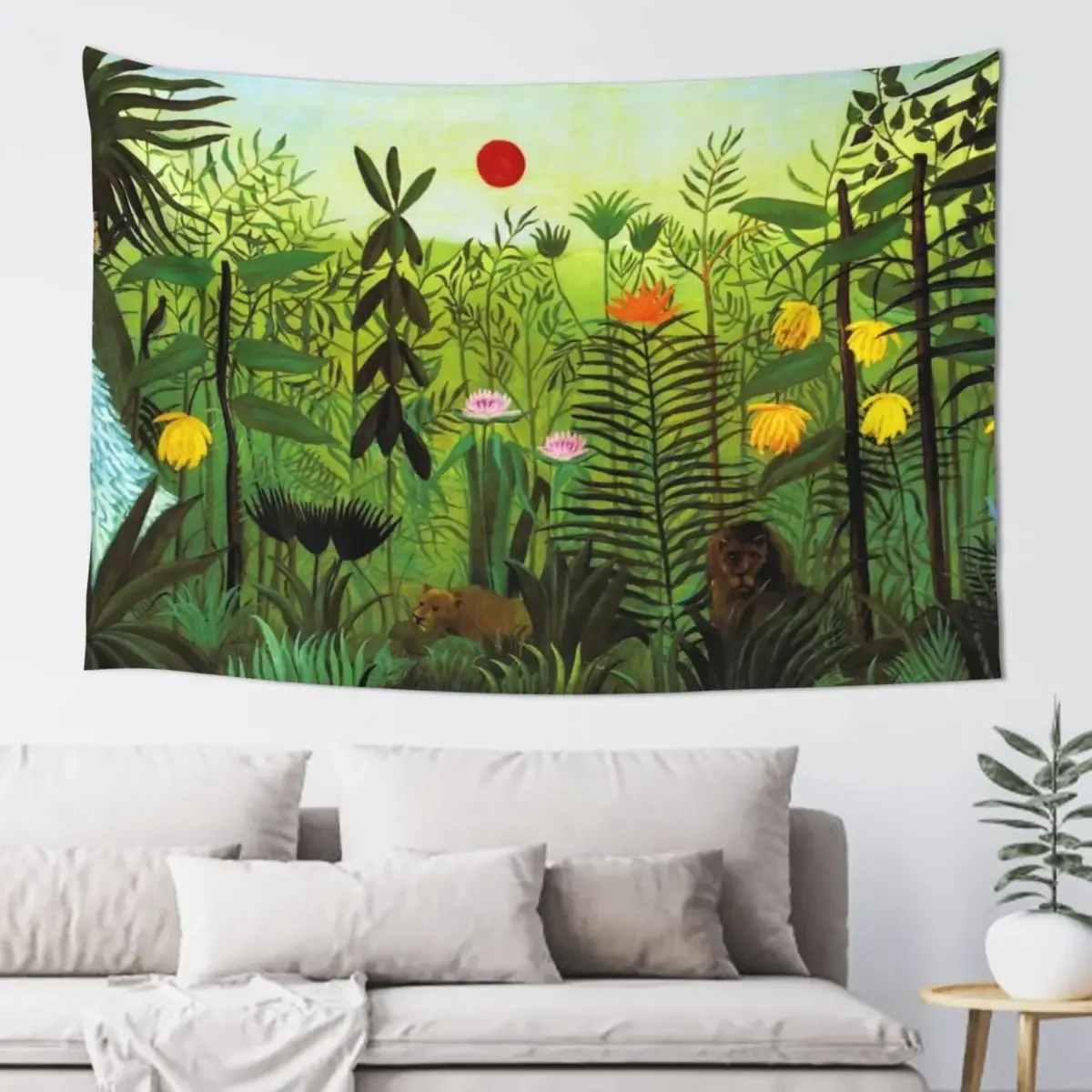 Henri Rousseau Exotic Landscape with Lion and Lioness in Africa, 1903-1910 Tapestry Room Decor Cute Mushroom Tapestry