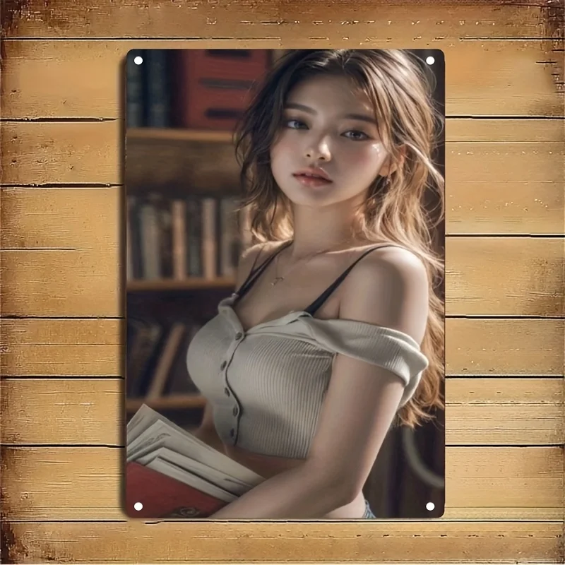 （2D Tin painting）HD Metal Tin Sign Sweet Asian Girl in Off-Shoulder Knit Top Holding Books Library Scenery Vintage Wall Art D