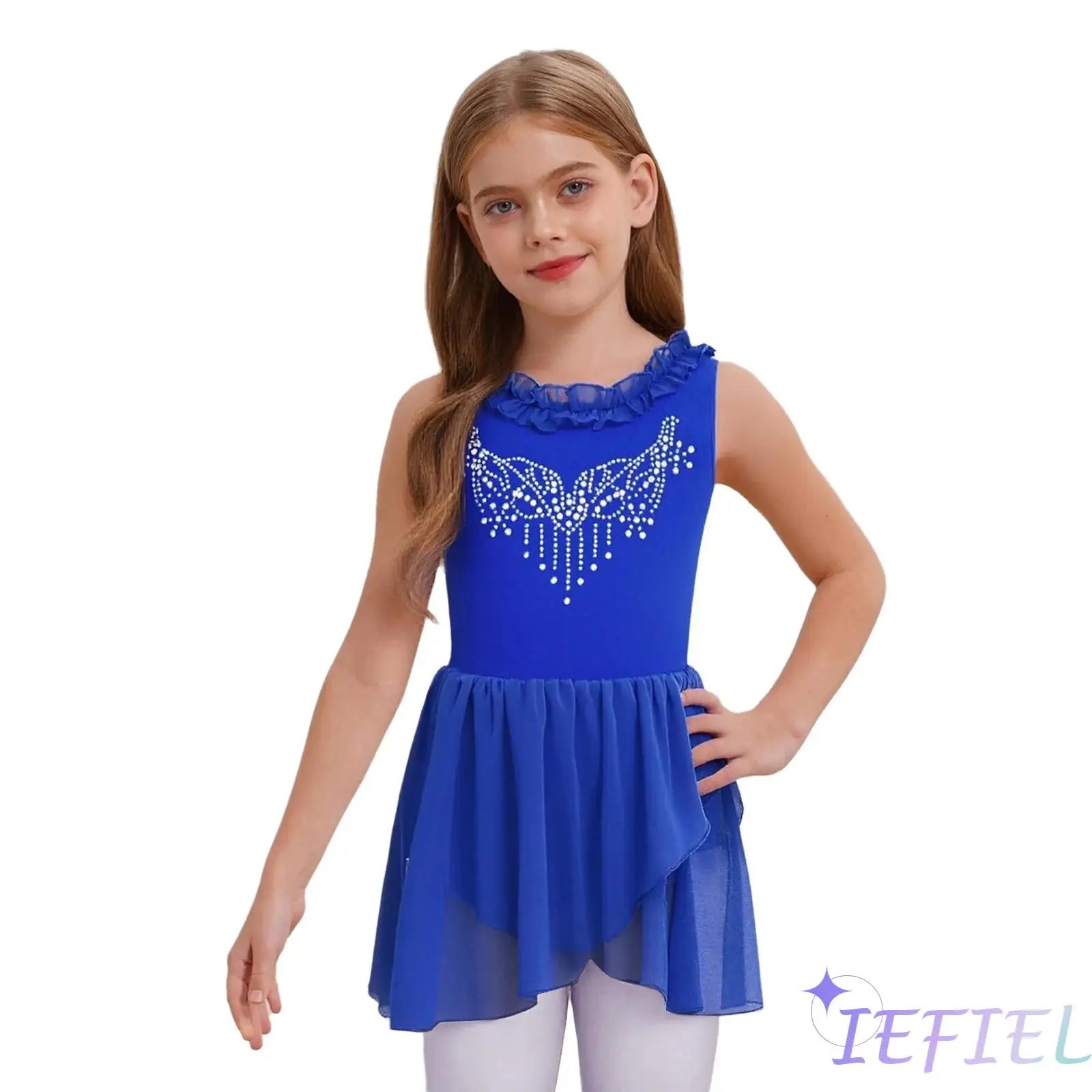 

Girls Ballet Dance Dress Sparkling Rhinestones Ruffled Collar Sleeveless U-Back Leotard Dress for Latin Jazz Stage Competition