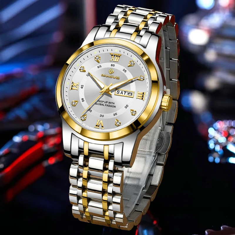 BANGWEI Quartz Wristwatch Top Brand Luxury Men Clock Diamond Dial Waterproof Calendar Week Luminous Casual Sport Watches for Man