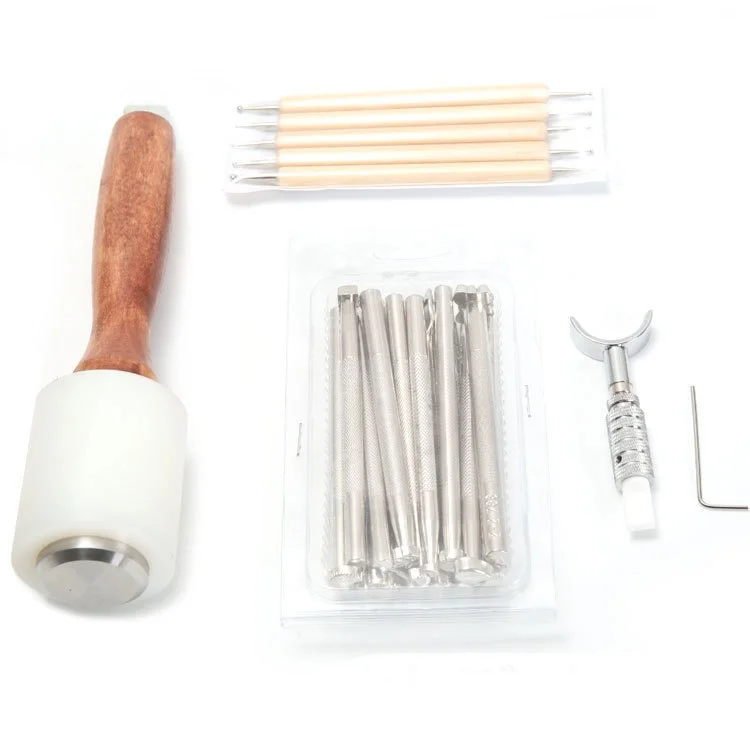 Leather Stamping Kit Stainless Steel Leather Carving Tools Rubber Hammer Leather Working Saddle Making for Leather Craft