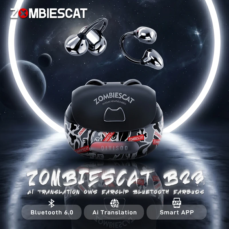 Zombies Cat B23 Real-Time Ai Translating Earclip Earbuds OWS Bluetooth 6.0 Headphone Graffiti Wireless Earphones with Smart APP
