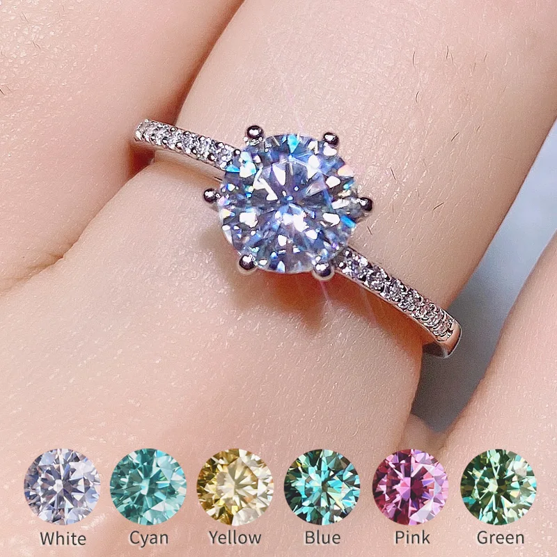 

On Sale Moissanite Ring For Women 0.5-1ct Diamond Rings Round Cut Blue Pink Yellow Green Stone S925 Silver Jewelry Wholesale