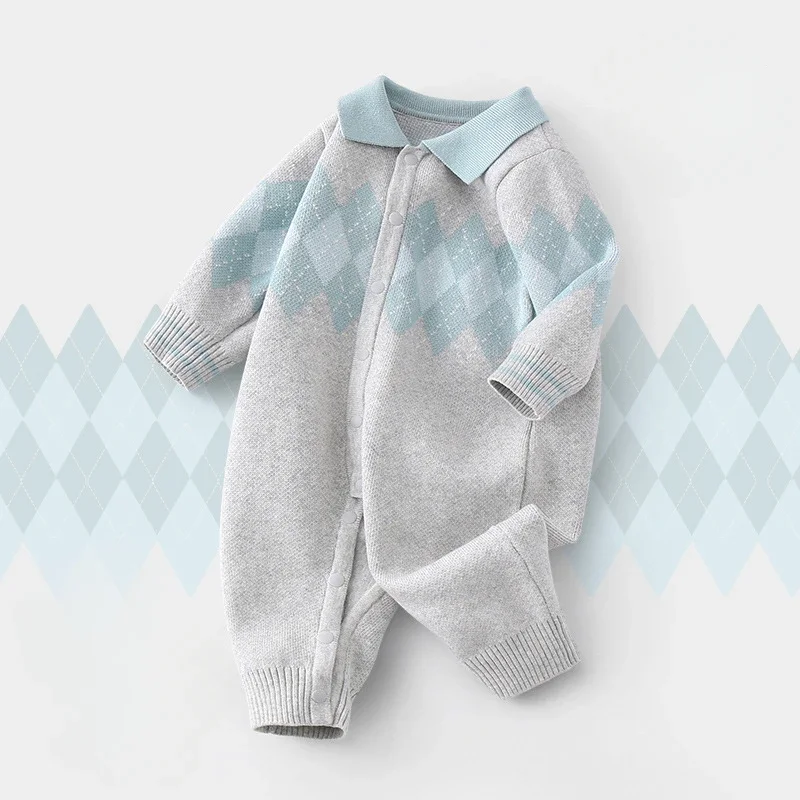 

2025 Newborn Baby Romper Spring Fall Outfit Korean Crawling Suit Tie Design Knit Bodysuit Cute Girl Infant Wear Clothes for Boys