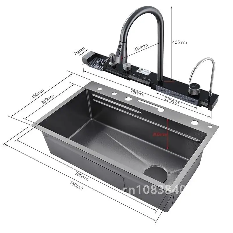 304 Stainless Steel Kitchen Sink Double Waterfall Single Slot Integrated Digital Display Faucet Set Soap dispenser Cup Washer