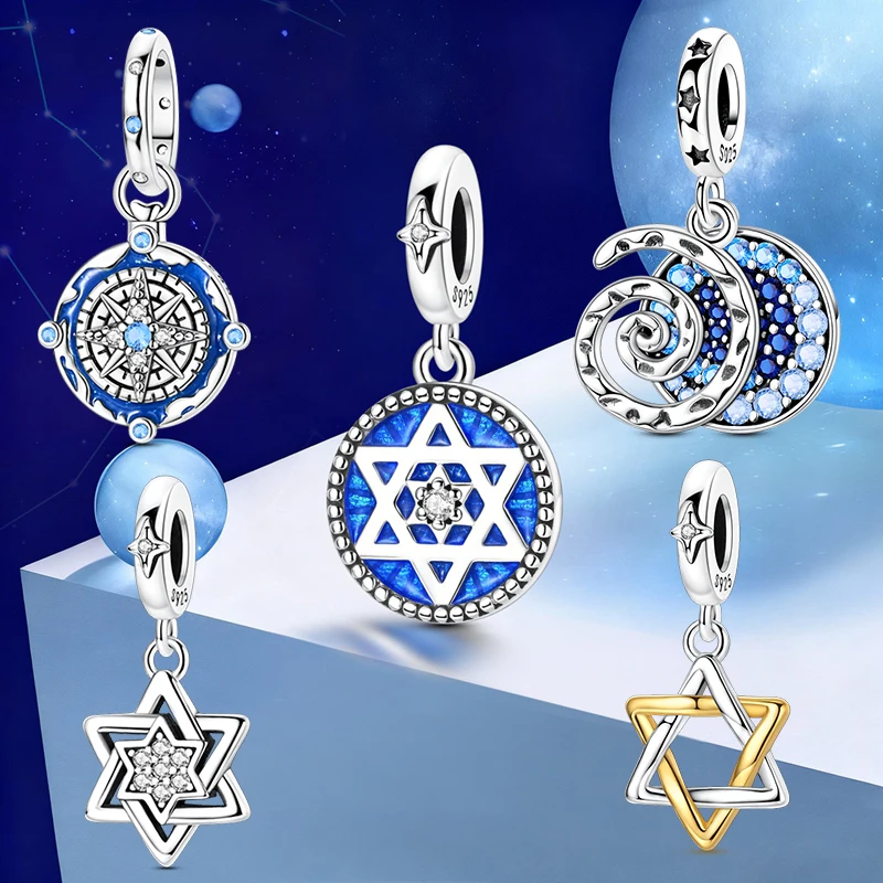 

Hexagram Star Charms 925 Sterling Silver Blue CZ Zircon Starry Sky Gift Pendant Fit Original Bracelet DIY Jewelry