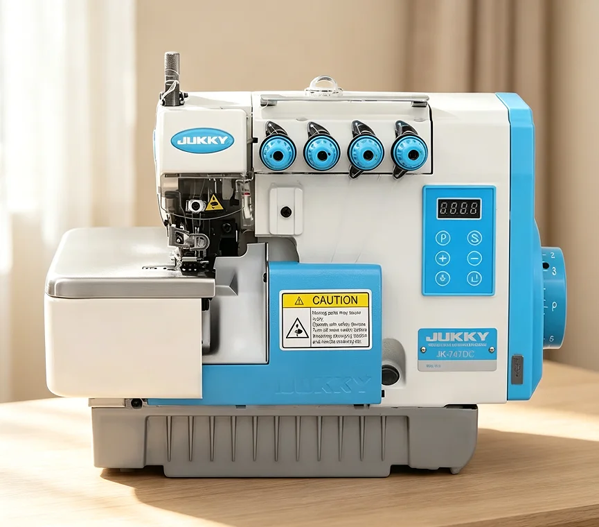 JK747DC Industrial Overlock Sewing Machine Four Thread Setup Powerful Built in Direct Drive Motor for Garment Stitching