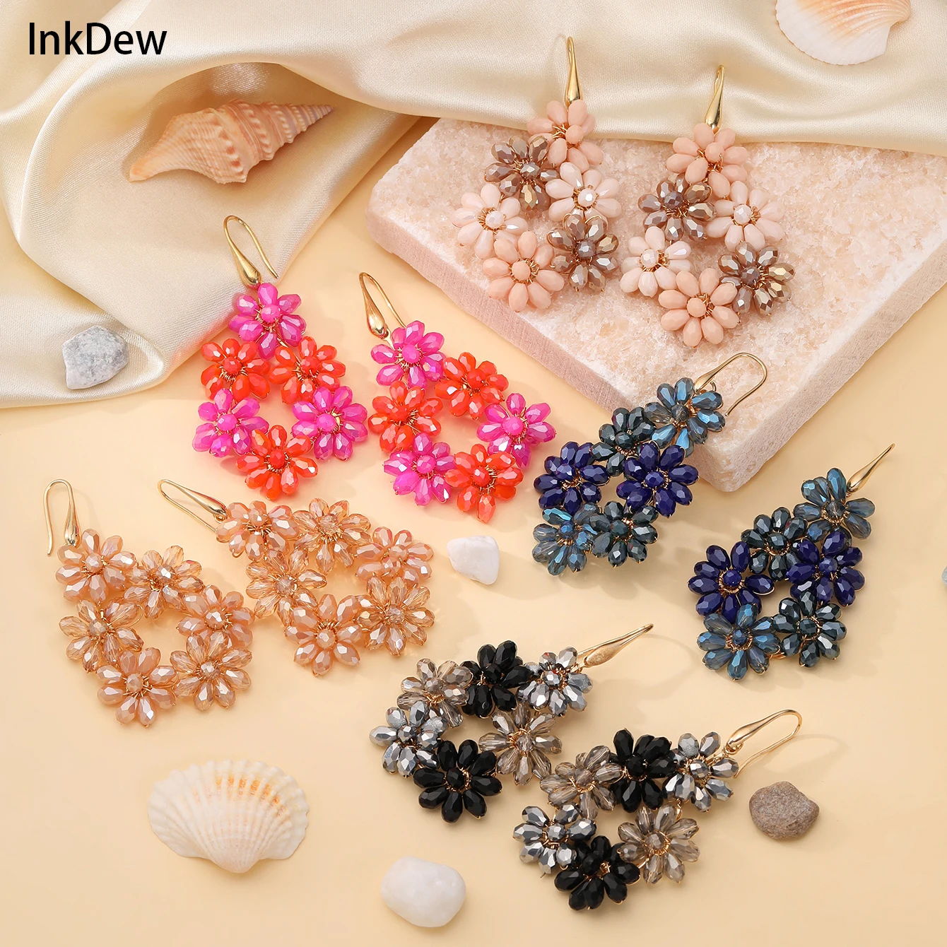 INKDEW Flower Shape Drop Earrings for Women Big Long Earrings Handmade Crystal Faceted Beads Earrings Jewelry Bohemia boho EA091