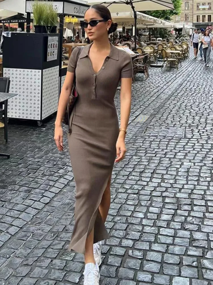 

Elegant Dress Office Long Dresses Autumn Women Solid Fashion Turn-down Collar Short Sleeve Button Side Slit Vestidos Para Mujer