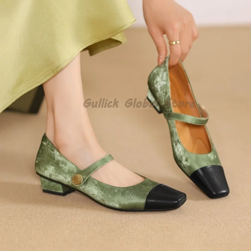 2024 Spring New Arrival Shoes Square Toe Cloth Cow Leather Instep Strap Pumps Soft Dress Elegant Women Shoes Breathable Size41