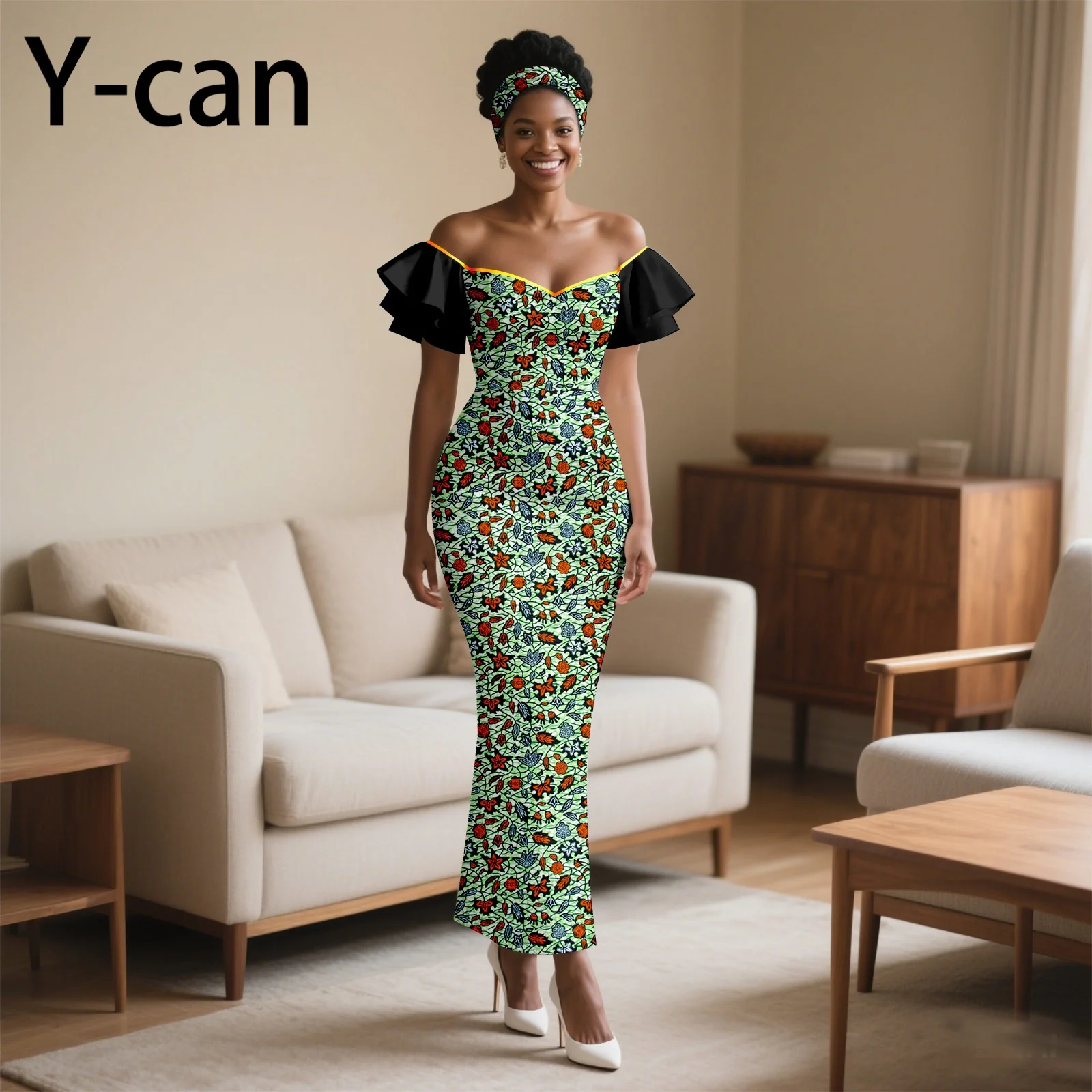 

Ankara Fashion African Women Pleated Sleeve Heart-collar Dress with Headscarf for Wedding Party Elegant Lady Dress 2525097