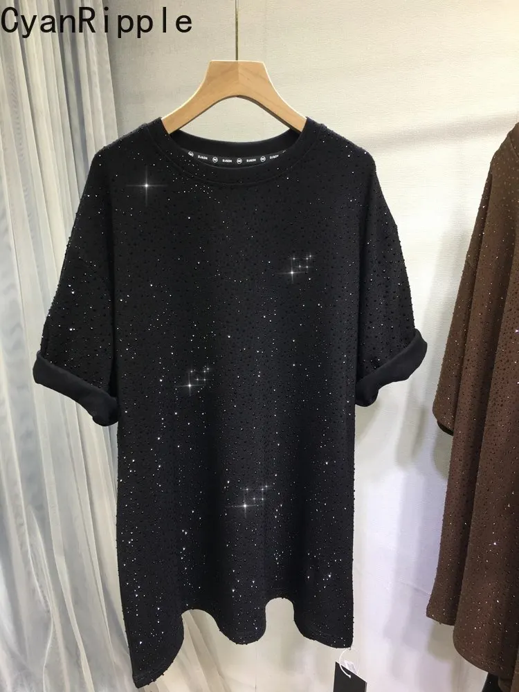 High Quality Spring Loose Women Short Sleeve T-shirt Thicken Shiny Hot Diamonds Round Neck Pullover Top Oversize Cotton Tshirts