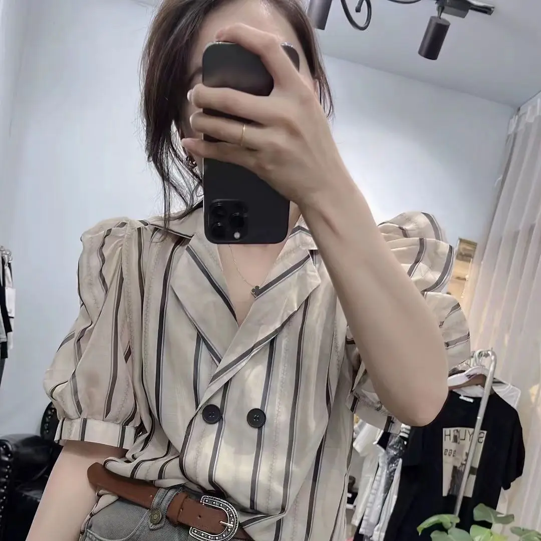 Luxury Suit Collar Striped Shirts Summer Women Clothing Short Sleeve Shirts Buttons Cardigan Short Tops Korean Fashion Blouse