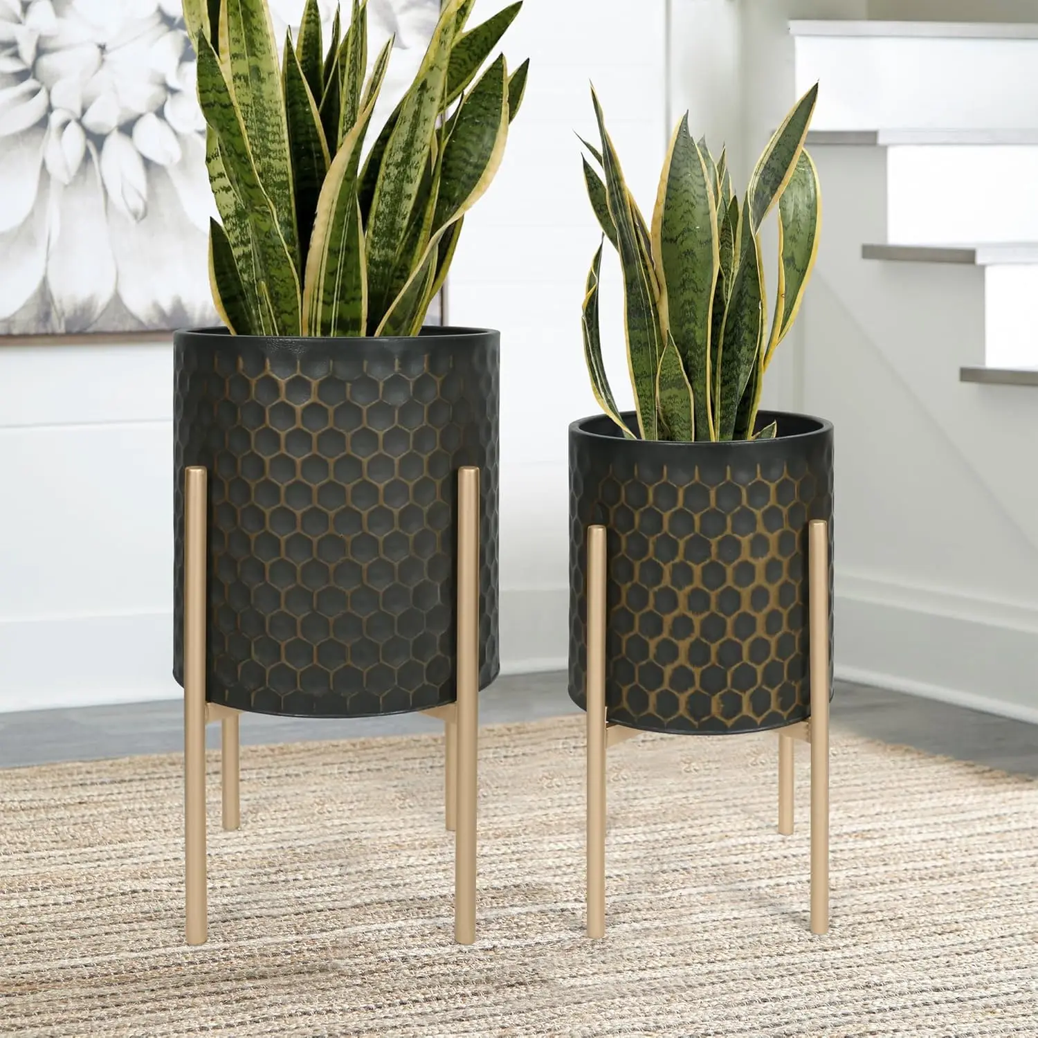 

Mid Century Planters for Indoor Plants, Set of 2, Modern Decorative Metal Pots for Living Room, Office, Garden or Balcon