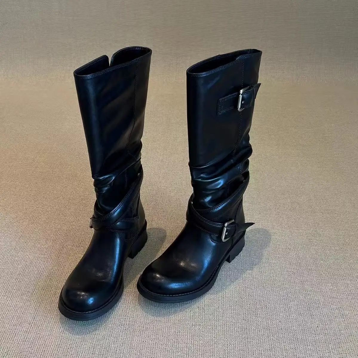 

Women Belt Buckle Decorative Long Boots Thick Heeled Knight Boots Pleated Style Western Cowboy Boot Comfortable Outdoor Boot