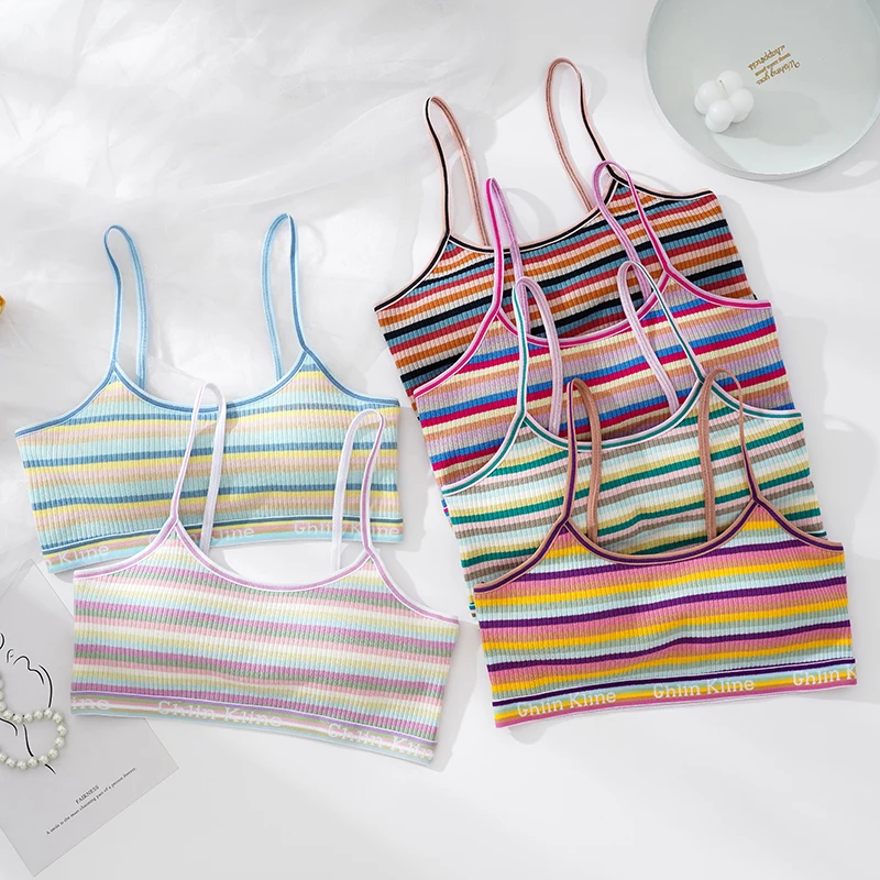 GK Brand Fashion Colorful Striped Bra for Female Thin Shoulder Strap Design Push Up Elastic Padded Bralette Lingerie