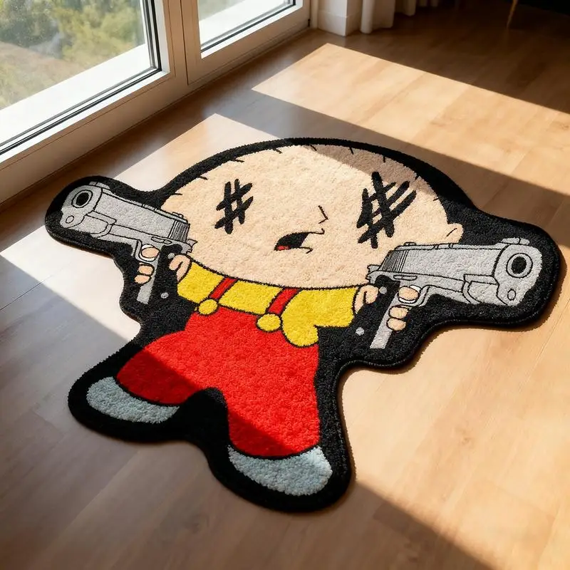 VIKAMA Irregular Cartoon Character Shaped Rug Cute Stereotypical Baby Figure With Hand‑guns Plush Non‑slip Novelty Indoor Floor