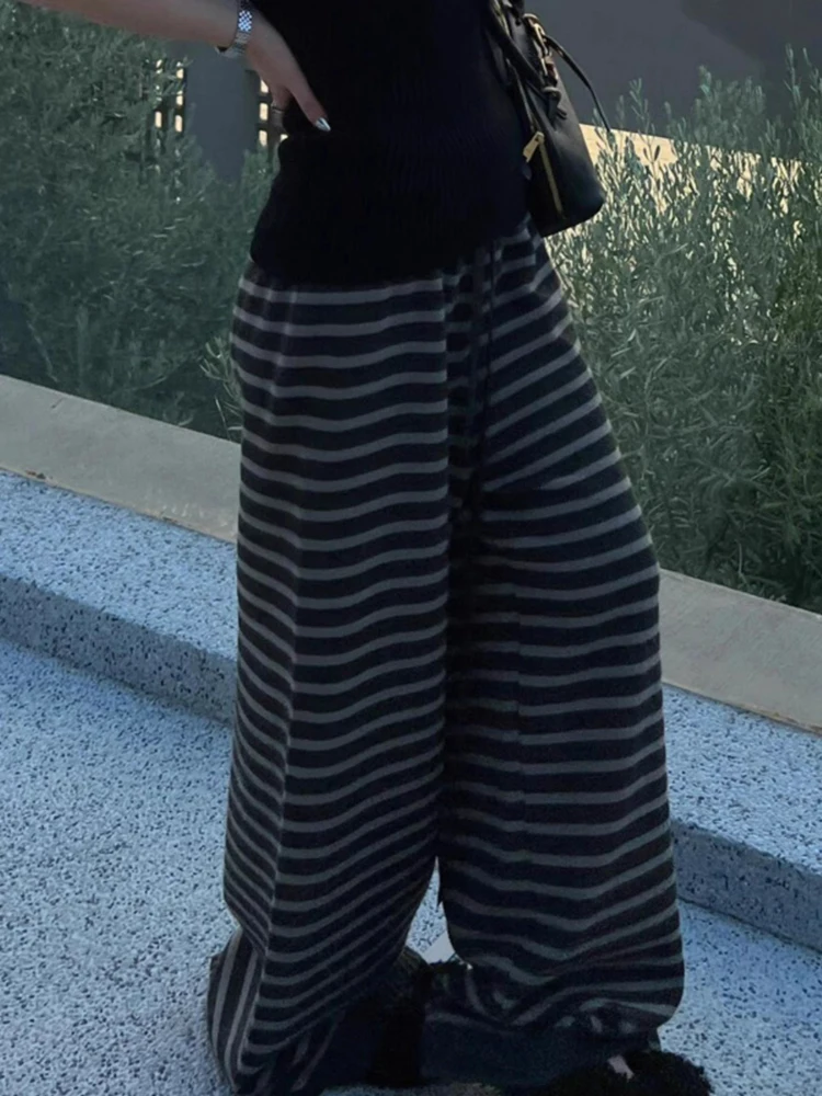 Pantalon ample rayé à jambes larges pour femme, taille haute, droit, tricoté, nouilles de riz, longueur au sol, automne hiver