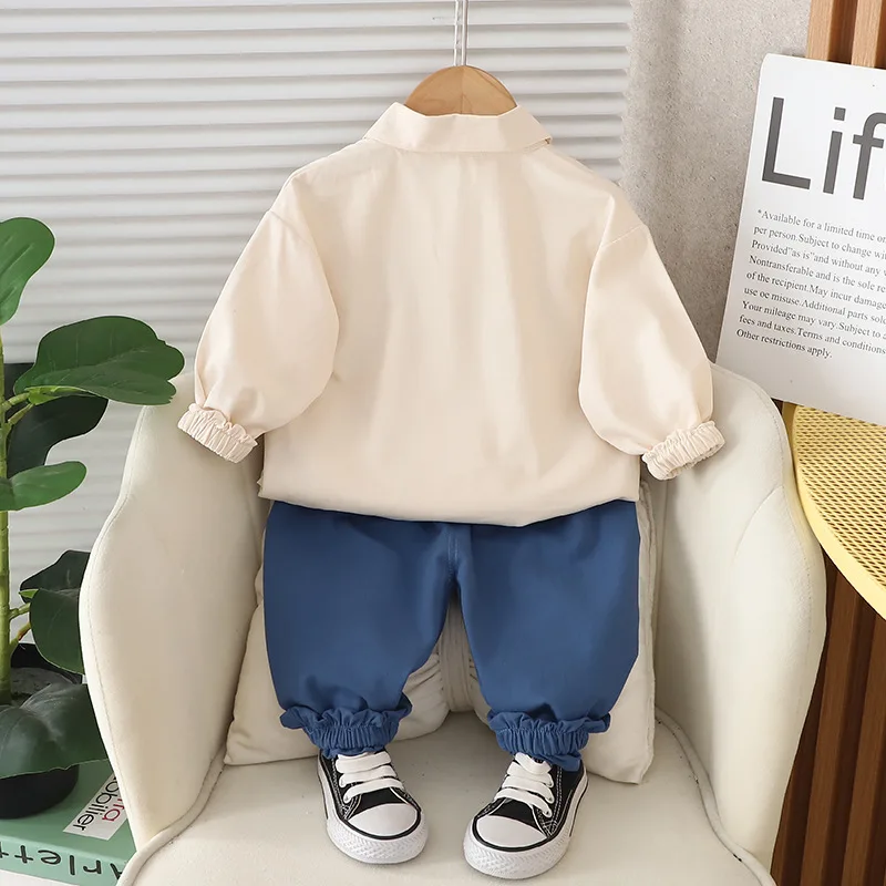 Baby-Jungen-Dinosaurier-Applikations-2-teiliges-Outfit-Set, Polohemd, Hose, Kleinkind-Kinder-Herbstkleidung, Baumwollmischung, Langarm, 80-120 – Detail 2