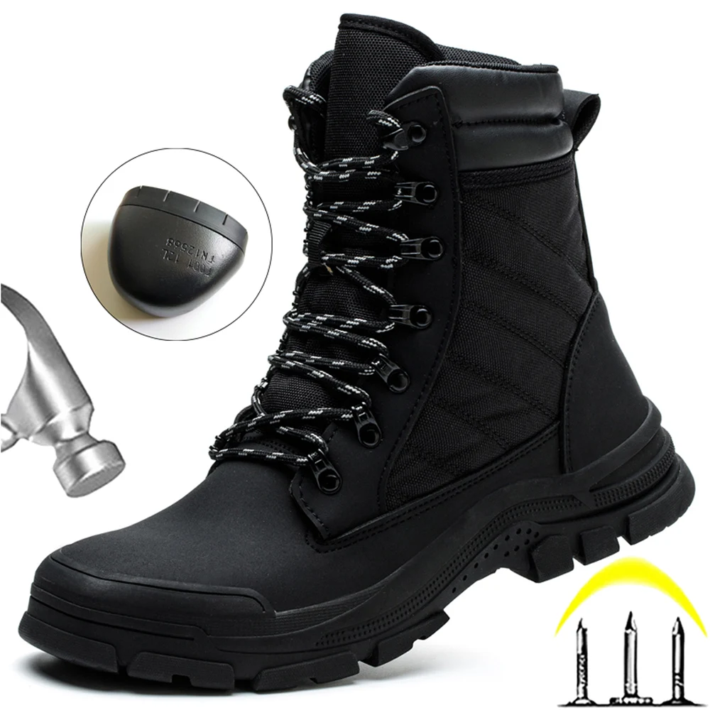 

High-top Work Safety boots Men Side zipper Work Boots Steel toe shoes Puncture-Proof Indestructible shoes Protection Boots Male