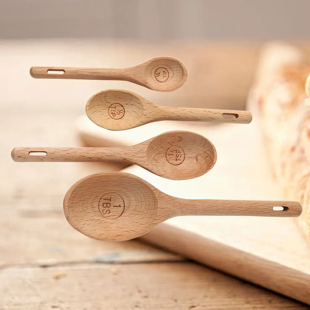 4Pcs Wooden Measuring Spoons Set Beech Material Engraved Accurate Kitchen Tools for Dry Liquid Ingredients Baking Utensil Set