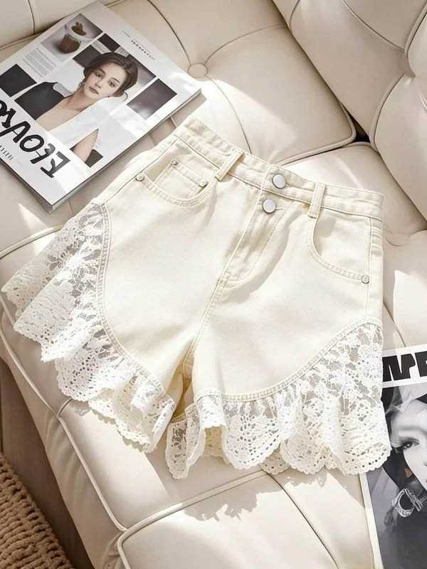 

Summer 2026 Fashionable Lace Trimmed Wide Leg Jeans Shorts Women's Loose Fit High Waist Straight Cut Casual Style Spring New