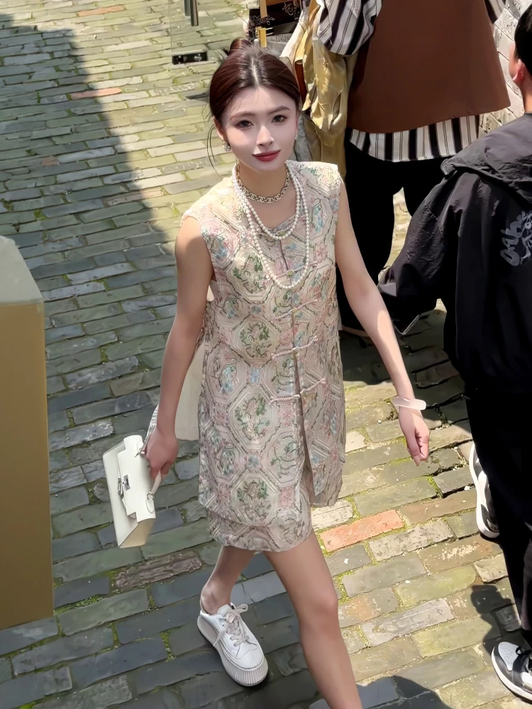 

Summer New Chinese Style Frog Button Jacket+Elastic Waist Shorts Women Floral Print Elegant Temperament Two-Piece Set