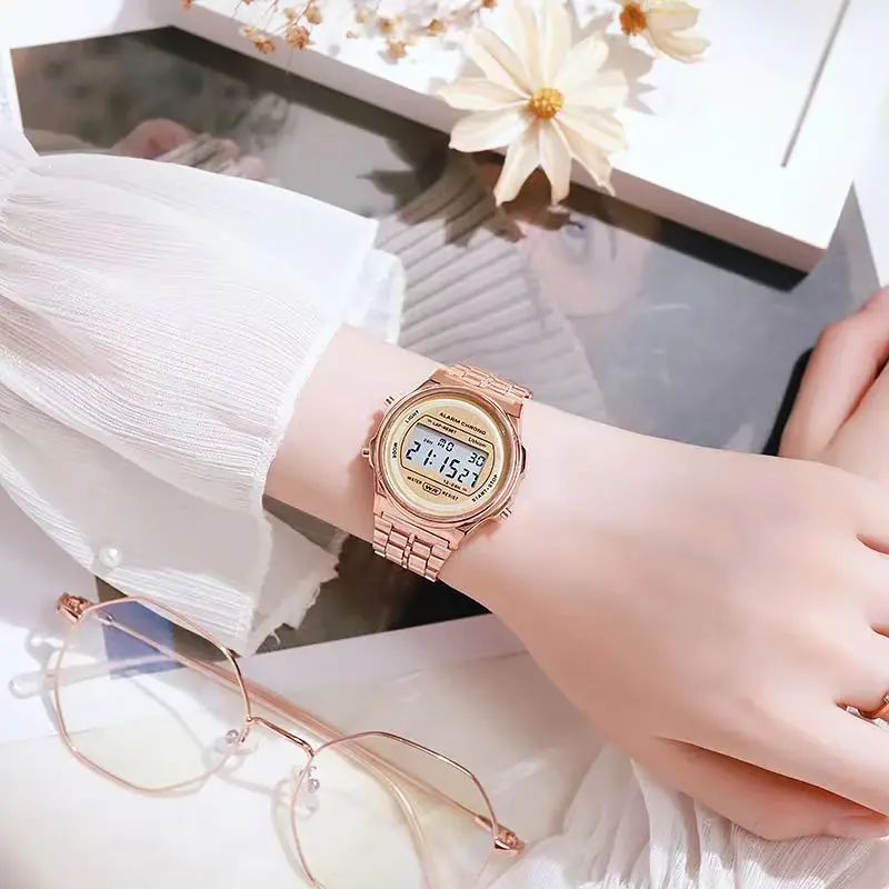 Women Casual LED Electronic Watch Retro Stainless Steel Men Women Unisex LED Digital Watch Multifunction Waterproof Wristwatch