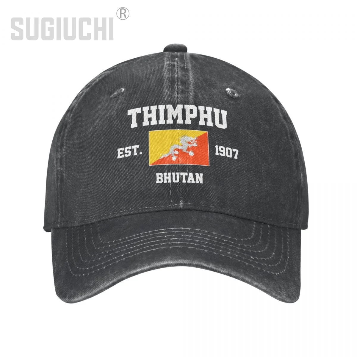 Flag of Bhutan EST.1907 Thimphu Unisex Adult Charcoal Washed Denim Baseball Cap Men Vintage Cotton Dad Patriotic Trucker Hat