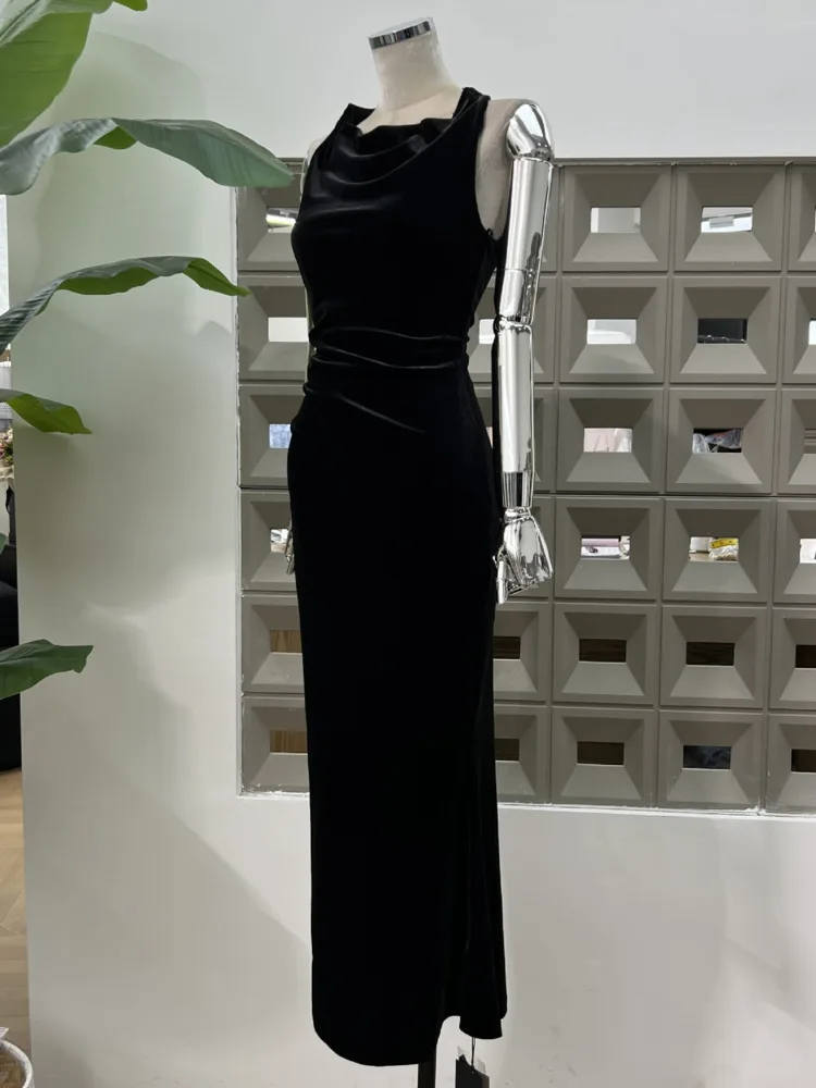 DFDG المرأة المخملية فستان ماكسي ريترو ثنيات الرقبة بلا أكمام Ruched الخصر الأزهار خمر ألف خط فستان طويل 2025 الربيع الصيف #5