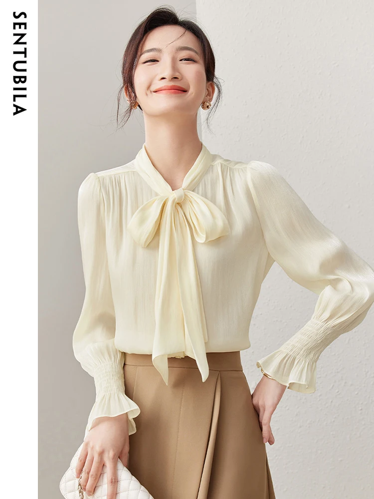 SENTUBILA Pleated Bow Neck Chiffon Blouses Women 2024 Autumn Long Sleeve Casual Female Elegant Temperament Shirts Tops 133V50182