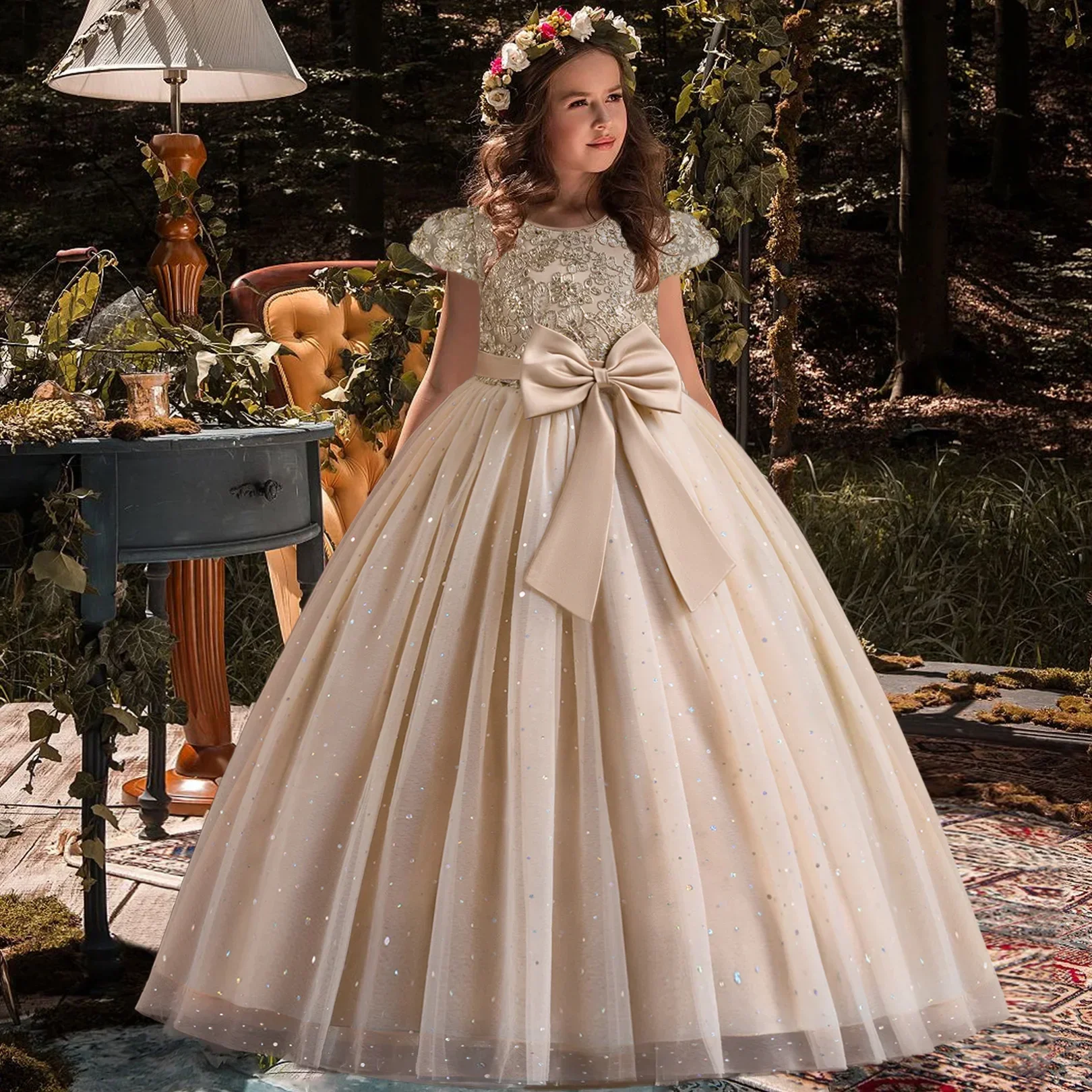 

Girls Princess Bridesmaid Dress Kids Long Prom Ball Gowns Children Wedding Birthday Party Bow Lace Dresses Christmas Vestidos