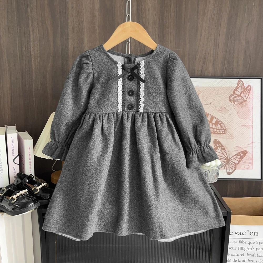 Korean Version Autumn and Winter Promotion Round Neck Bow Lace Long Sleeved Casual Dress for Girls Aged 3-7