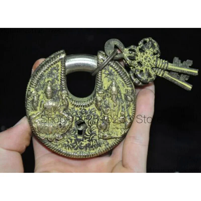 Chinese Ancient Palace Bronze Tibetan Buddhism Statue round Door Lock Unlock Key