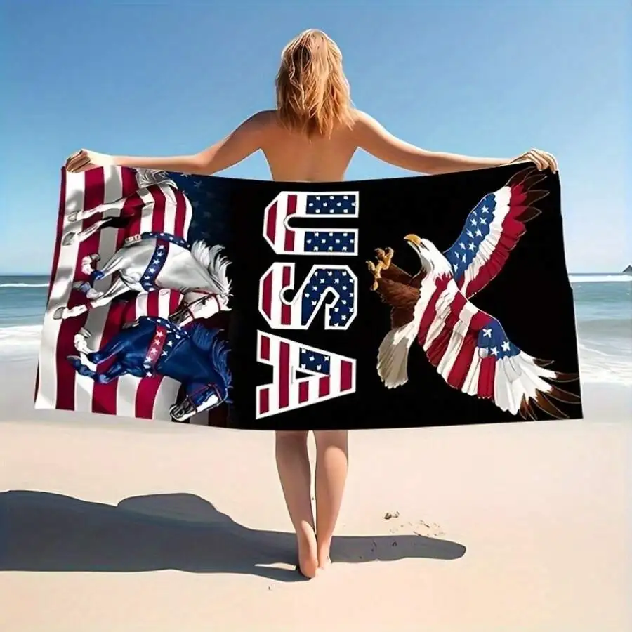 1pc Beach Towel Patriotic Style Microfiber Polyester Soft Absorbent Quick Dry Summer Beach Pool Travel