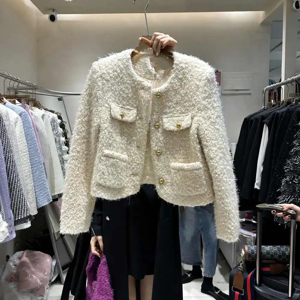 Women\'s Winter New Wool Coat White Purple Thickened Soft Round Neck Loose Single Button Female Jacket