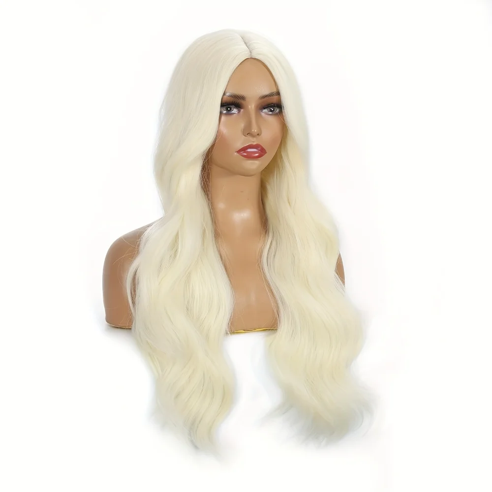 Блондинка 26-дюймовые длинные волнистые синтетические парики для женщин - термостойкий костюм для косплея, парик для Хэллоуина со средней частью