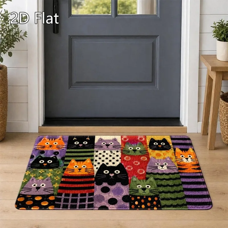 Cute Colorful Patchwork Cat Doormat Striped Polka Dot Print Indoor Floor Rug Absorbent Entryway Carpet Low‑Profile Area Mat