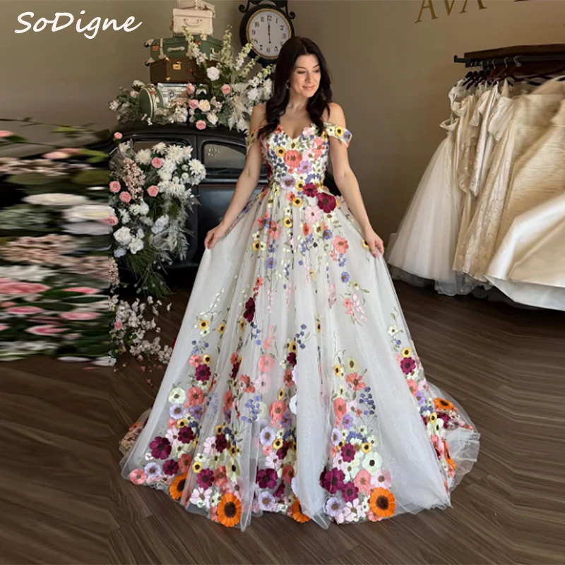 SoDigne A-line Flowers Embroidery Tulle Wedding Dress Sweetheart Off Shoulder Long Beach Bride Gown Vestidos De Novia Customized