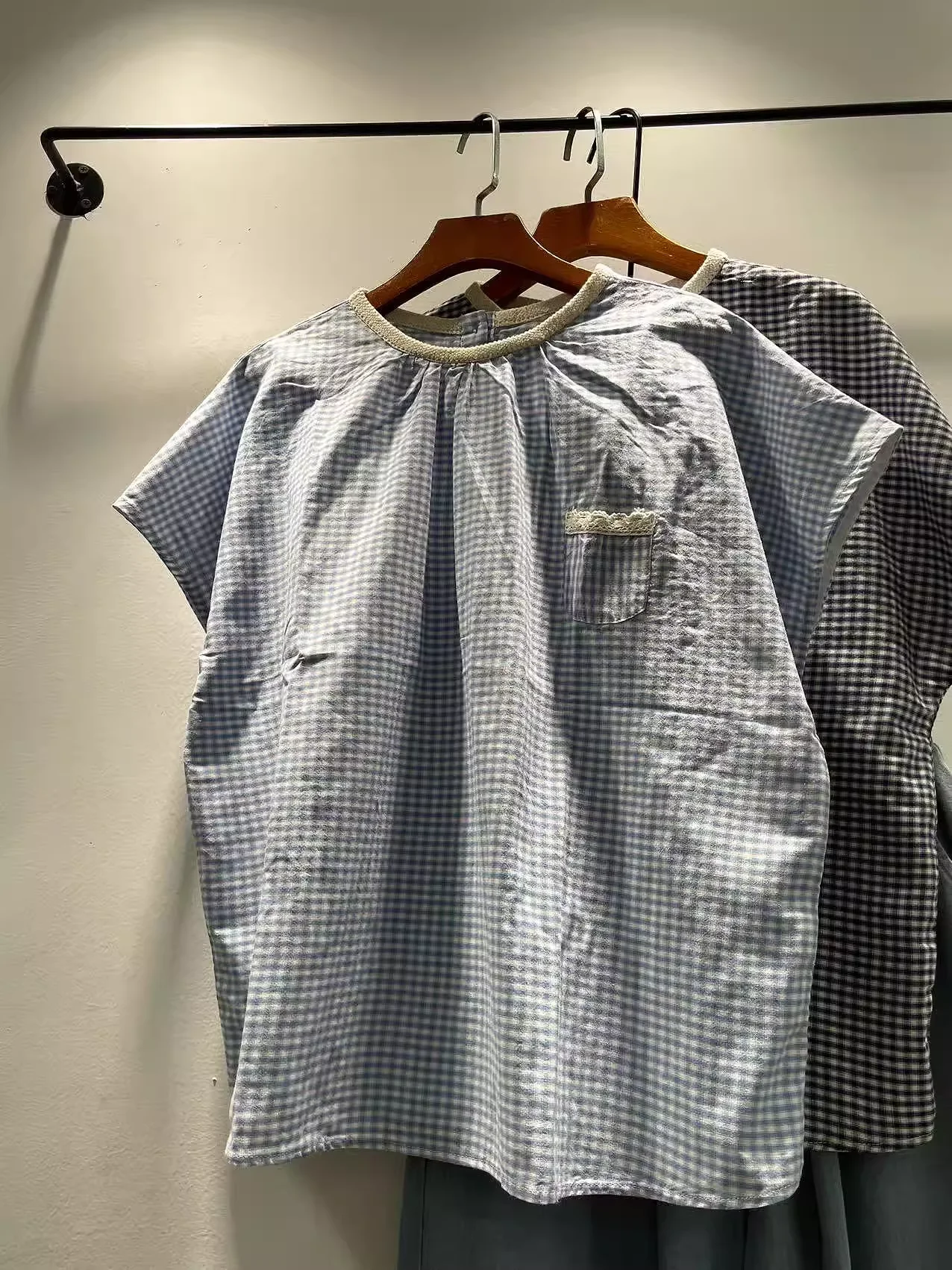 

Summer clothes Bust 122cm mori girl summer Japanese style cotton short sleeve blue white check shirts women's plaid shirt