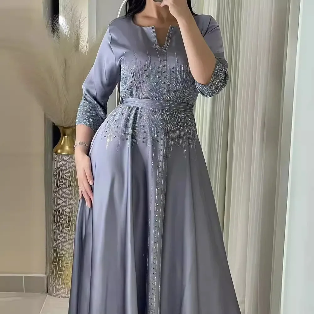 Fashion Diamond Evening Dress Abaya Dubai Muslim Satin Dress for Women Dinner Robe Muslim Dress Women Clothes for Muslim Women