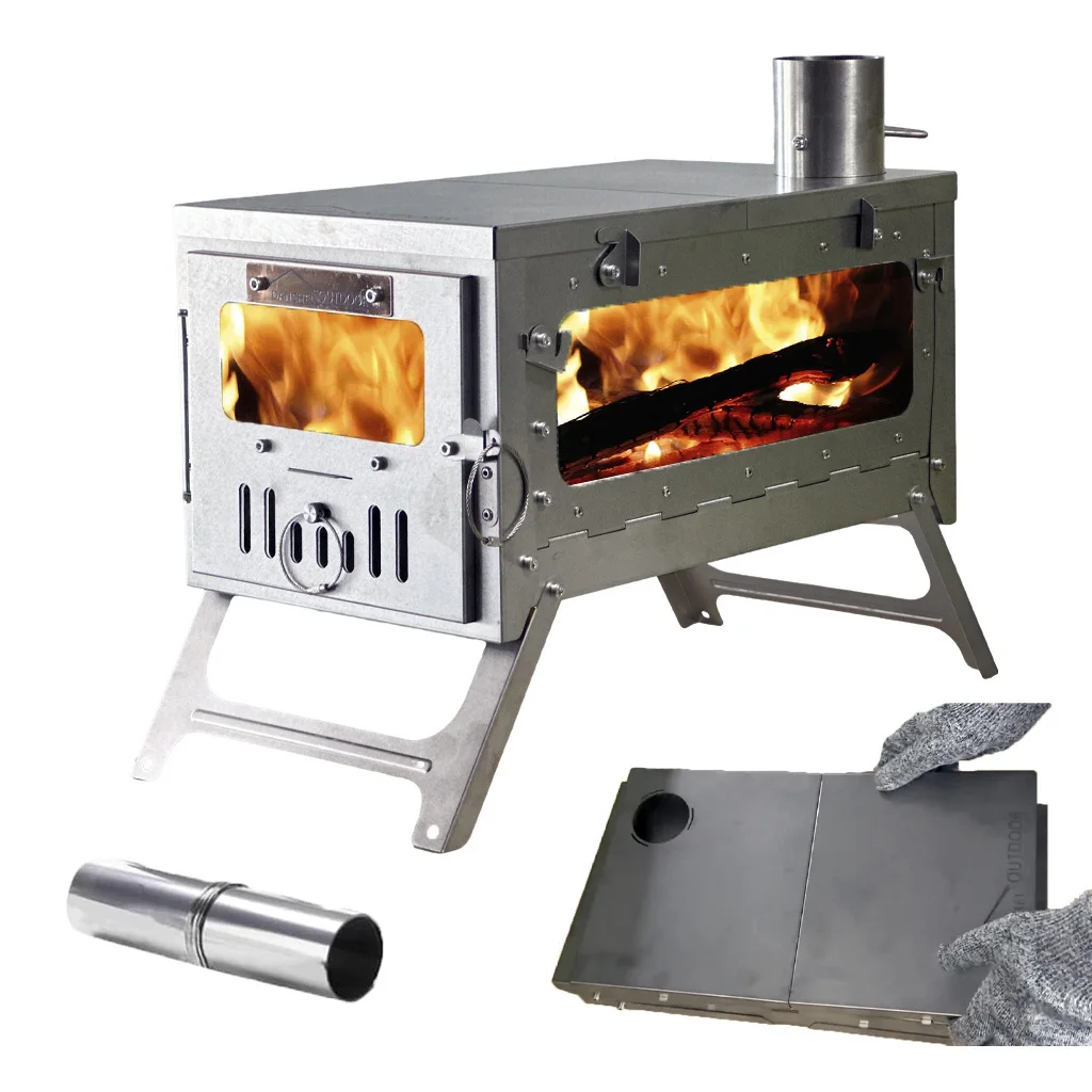 DANCHEL TSG Titanium Tent Stove, Ultralight Folding Wood Stove Burner 2 Glass Chimney for Camping Backpack Hiking Tent Stove 3kg